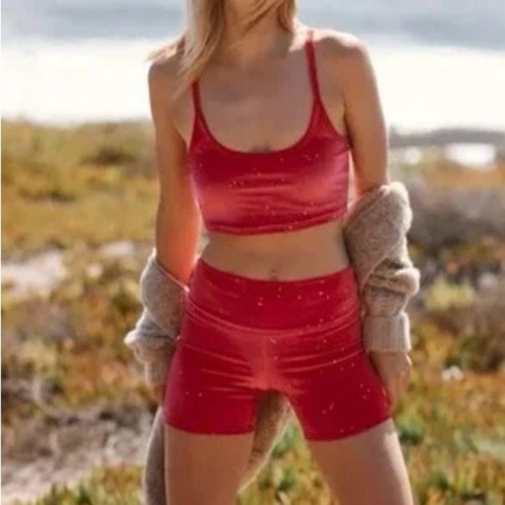Beach Riot Fiery Red Velvet sparkle workout set